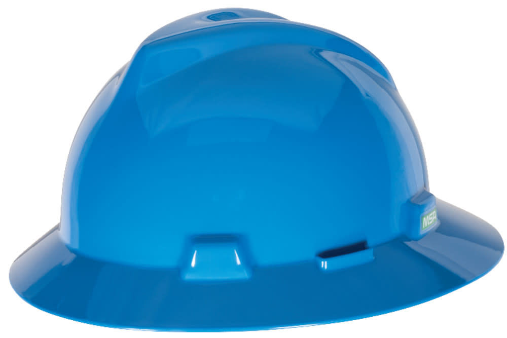 MSA Safety Works V Gard Slotted Full Brim Hard Hat Blue with Staz On Suspension - Flockneti