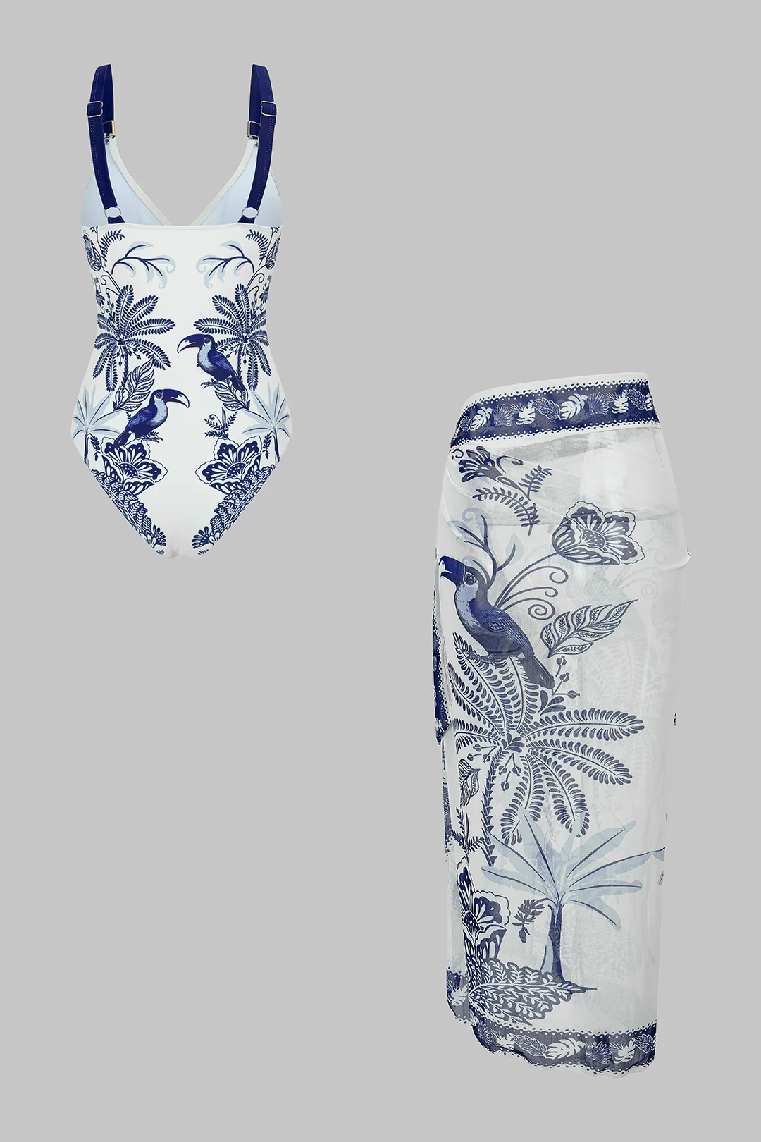 Bird Print Wrap 3-Piece Bikini Set - Flockneti