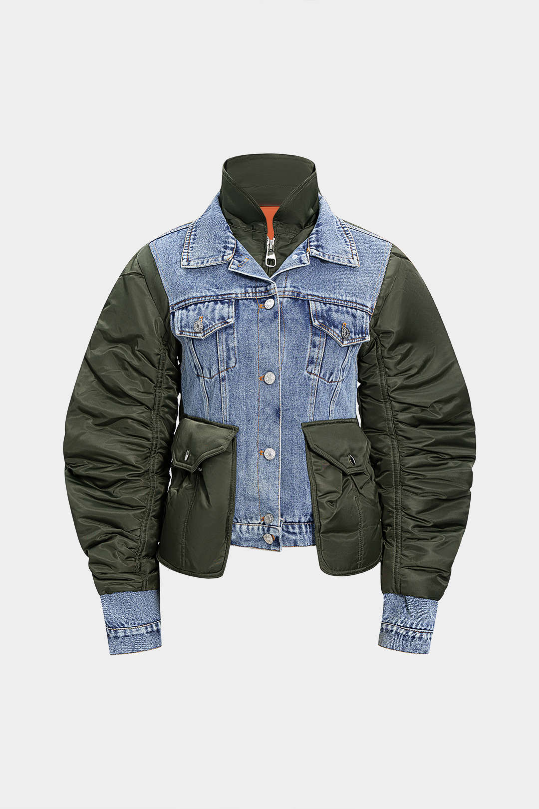Denim Patchwork Ruched Pocket Jacket - Flockneti