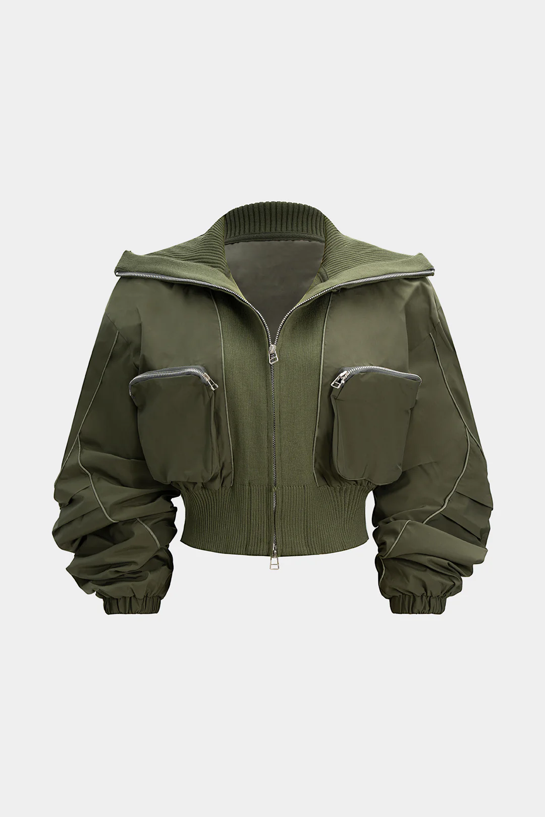 Patchwork Zipper Pocket Ribbed Ruched Jacket - Flockneti