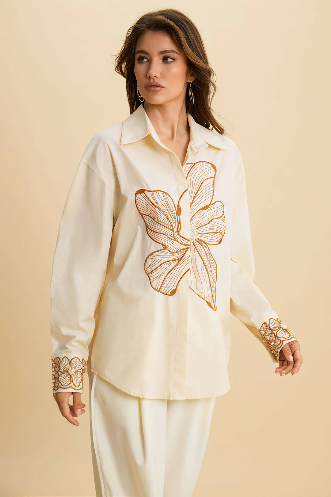 Floral Embroidery Asymmetrical Long-Sleeve Shirt - Flockneti
