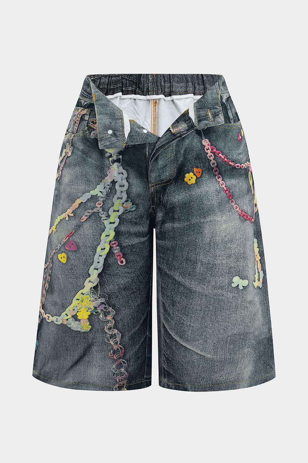 Plus Size Chain Print Denim Wide Leg Shorts - Flockneti