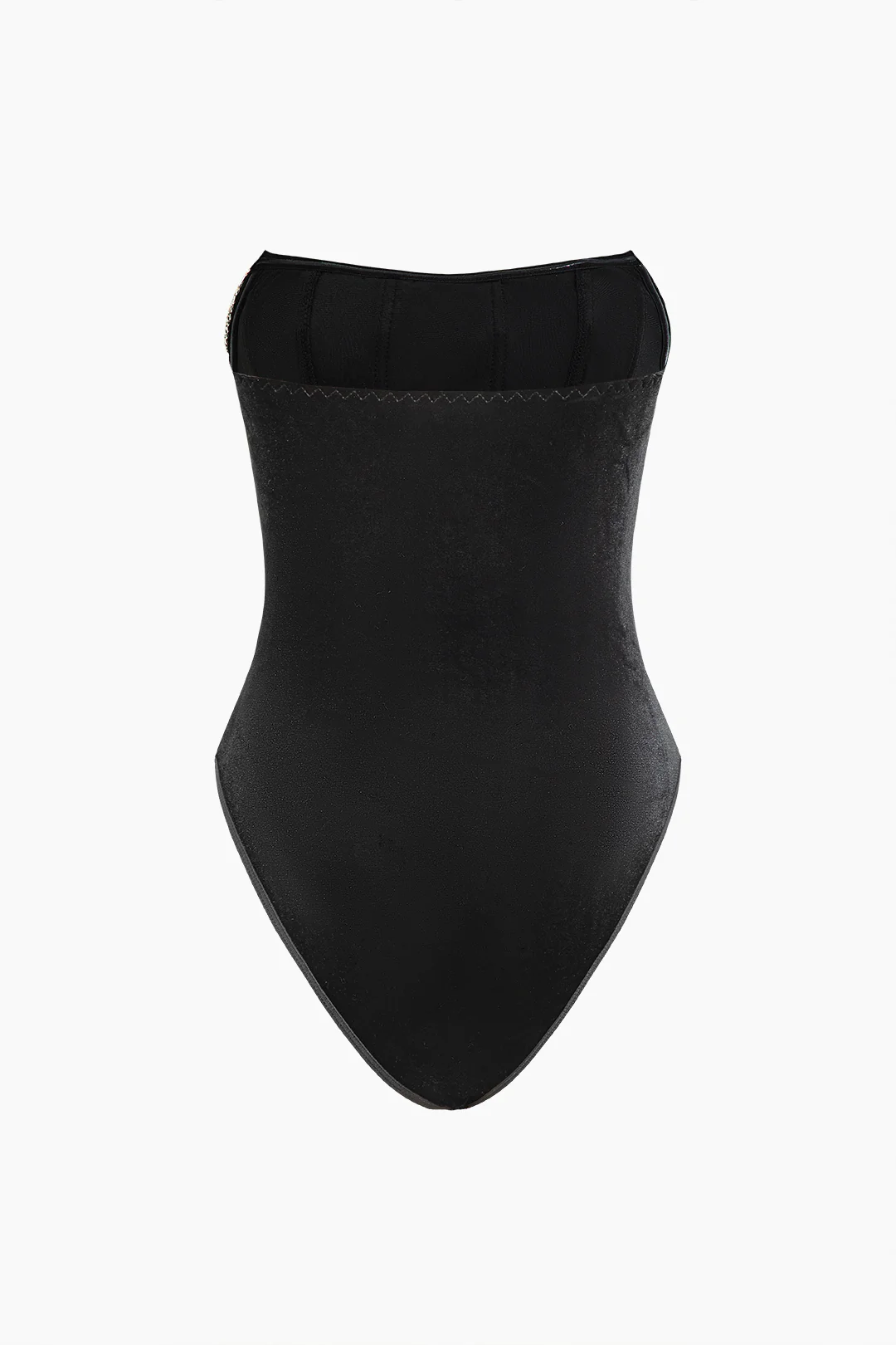 Velvet Rhinestone Decor Strapless Sleeveless Bodysuit - Flockneti