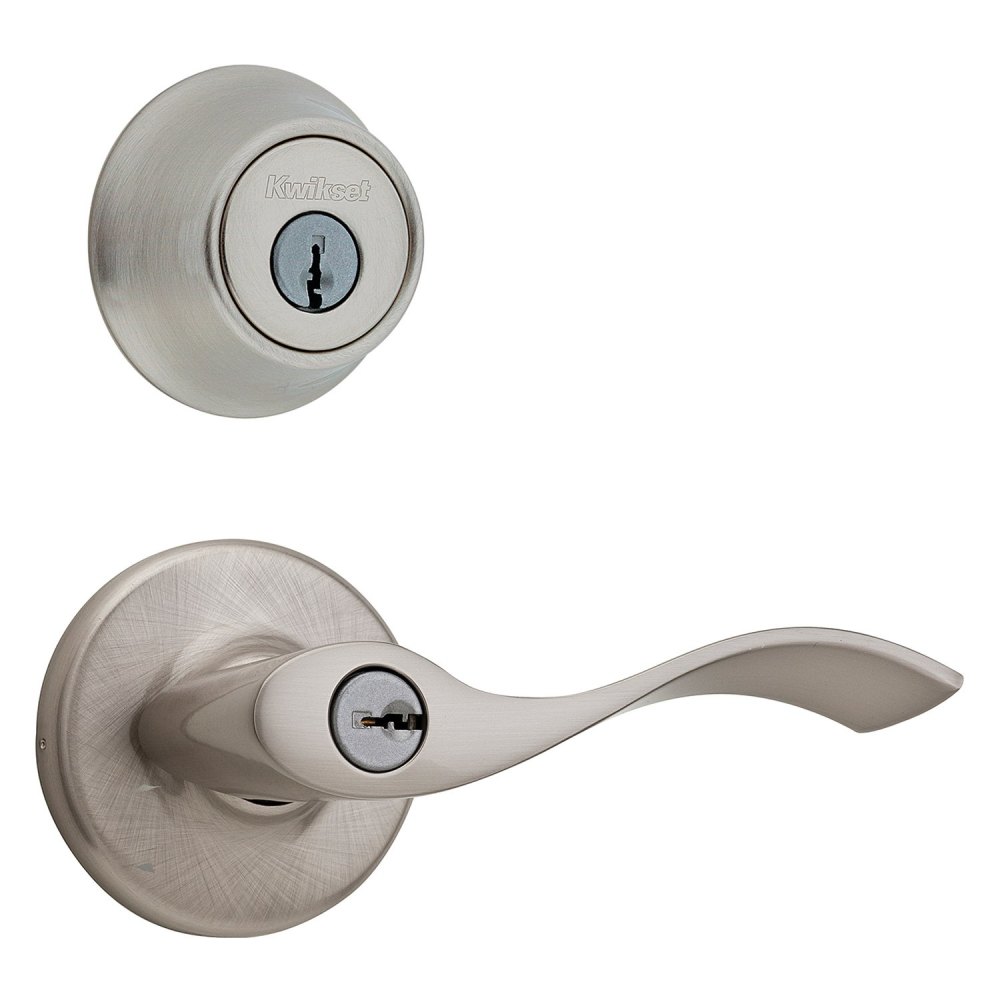 Kwikset Satin Nickel Balboa Door Lever & Single Cylinder Deadbolt Set - Flockneti