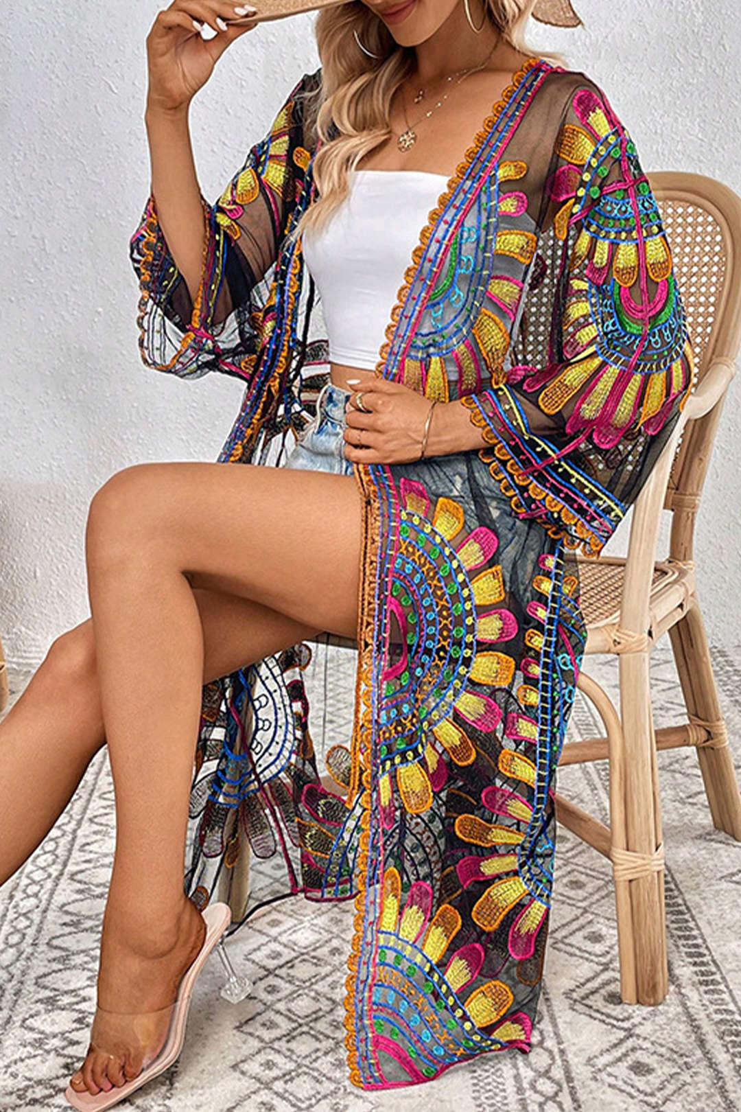 Embroidery Floral Print Tie Up Cover Up - Flockneti