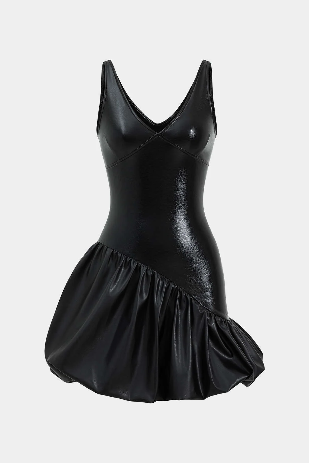 Faux Leather Ruched V-Neck Asymmetrical Mini Dress - Flockneti