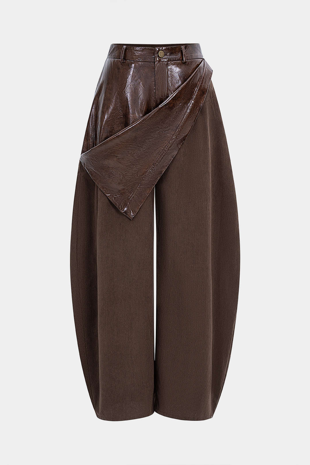 Faux Leather Patchwork Zipper Wide Leg Pocket Barrel Trousers - Flockneti
