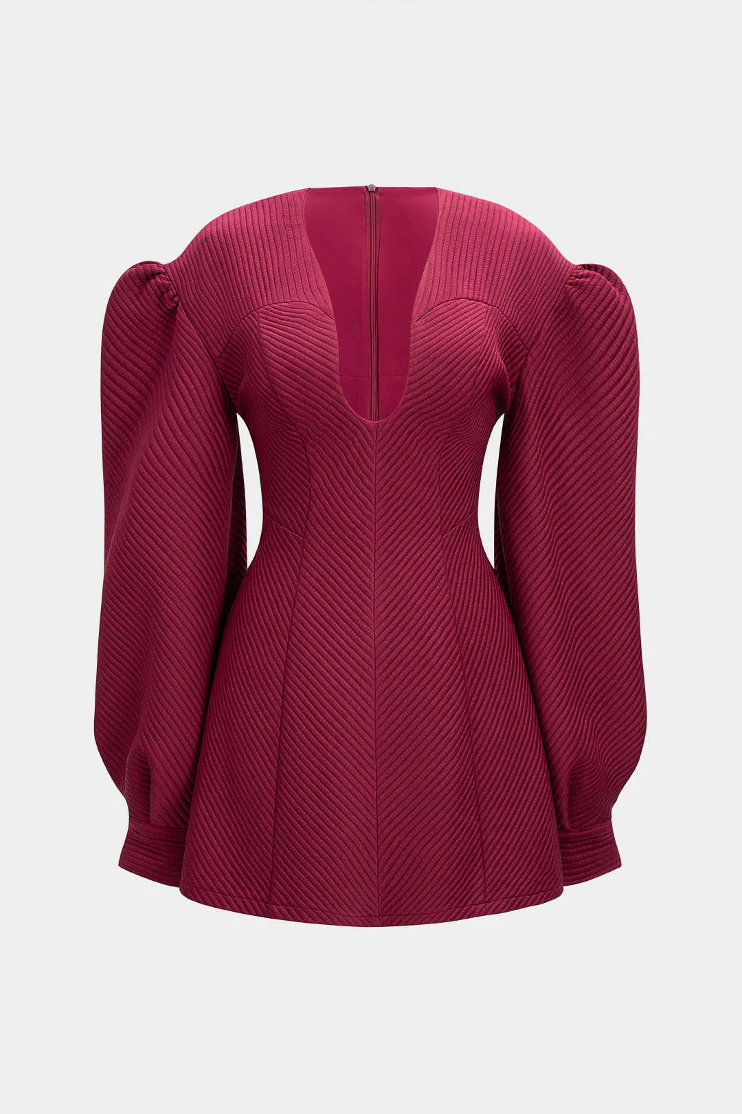 Ruched Zipper Button Puff Long Sleeve Mini Dress - Flockneti