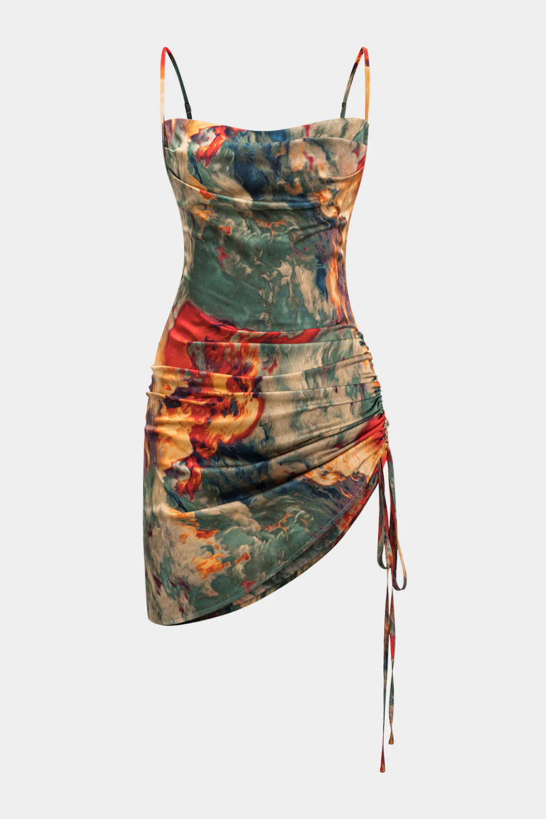 Watercolor Print Satin Ruched Drawstring Slip Mini Dress - Flockneti