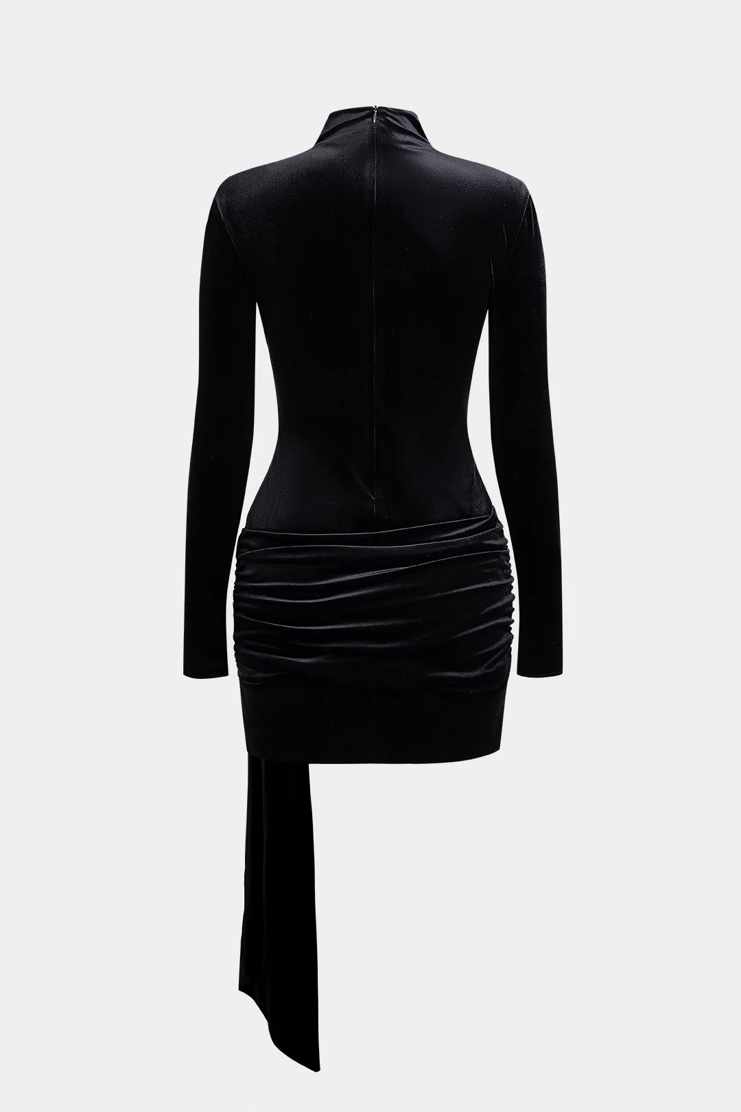 Mock Neck Velvet Ruched Zipper Long Sleeve Mini Dress - Flockneti