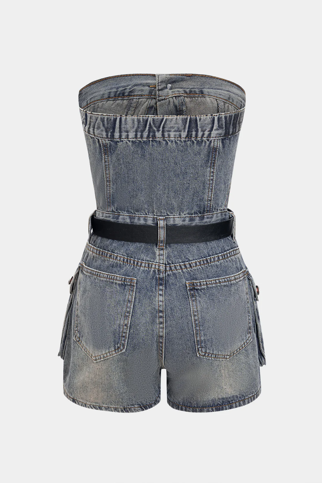 Denim Cut Out Belted Strapless Sleeveless Jumpsuit - Flockneti