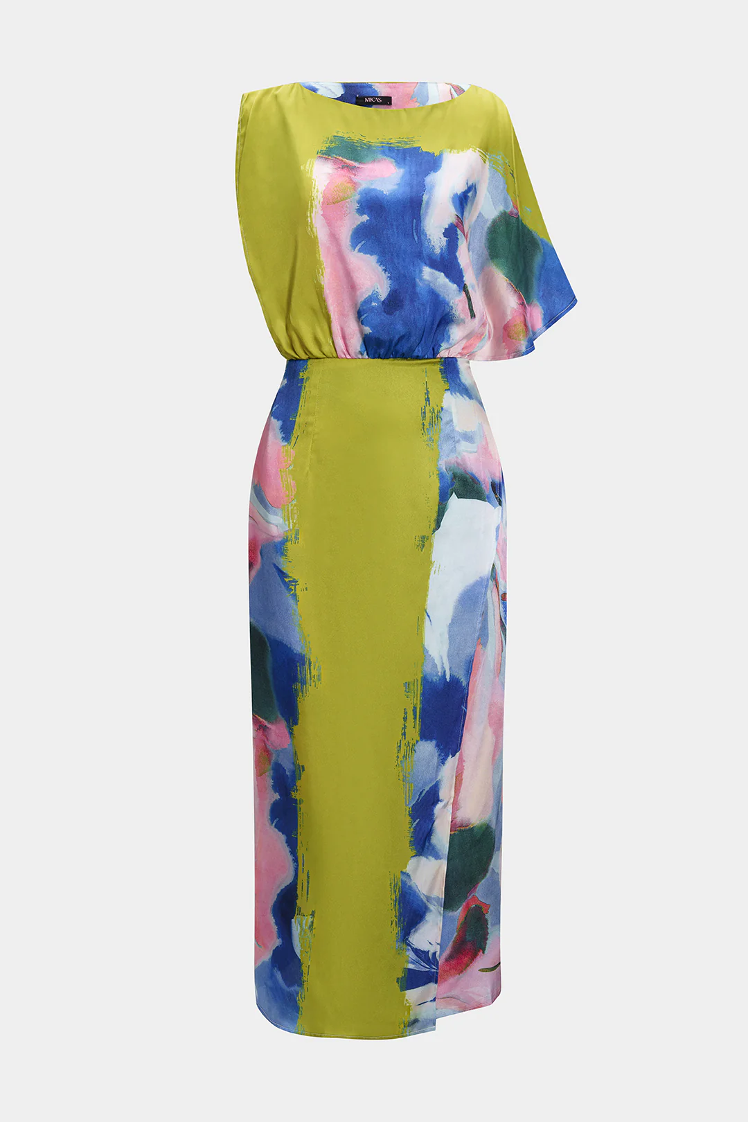 Abstract Print Satin Asymmetrical Short-Sleeve Maxi Dress - Flockneti