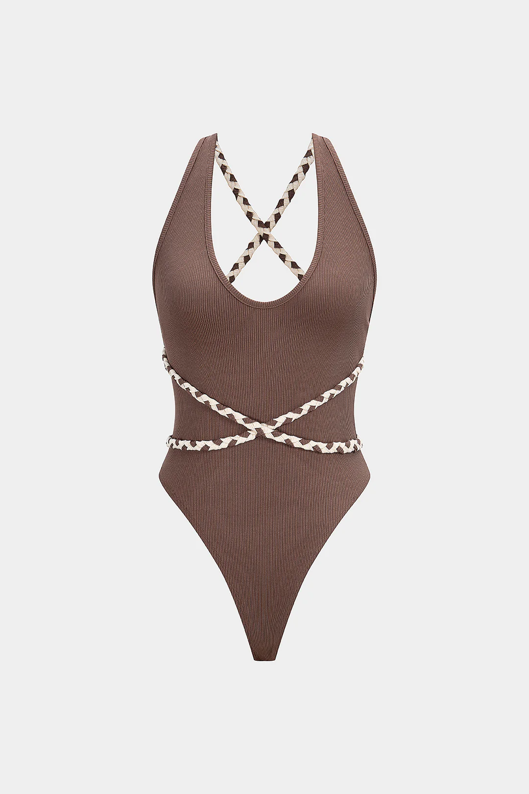 Contrast Crossed Braided Tie-Back Sleeveless Bodysuit - Flockneti