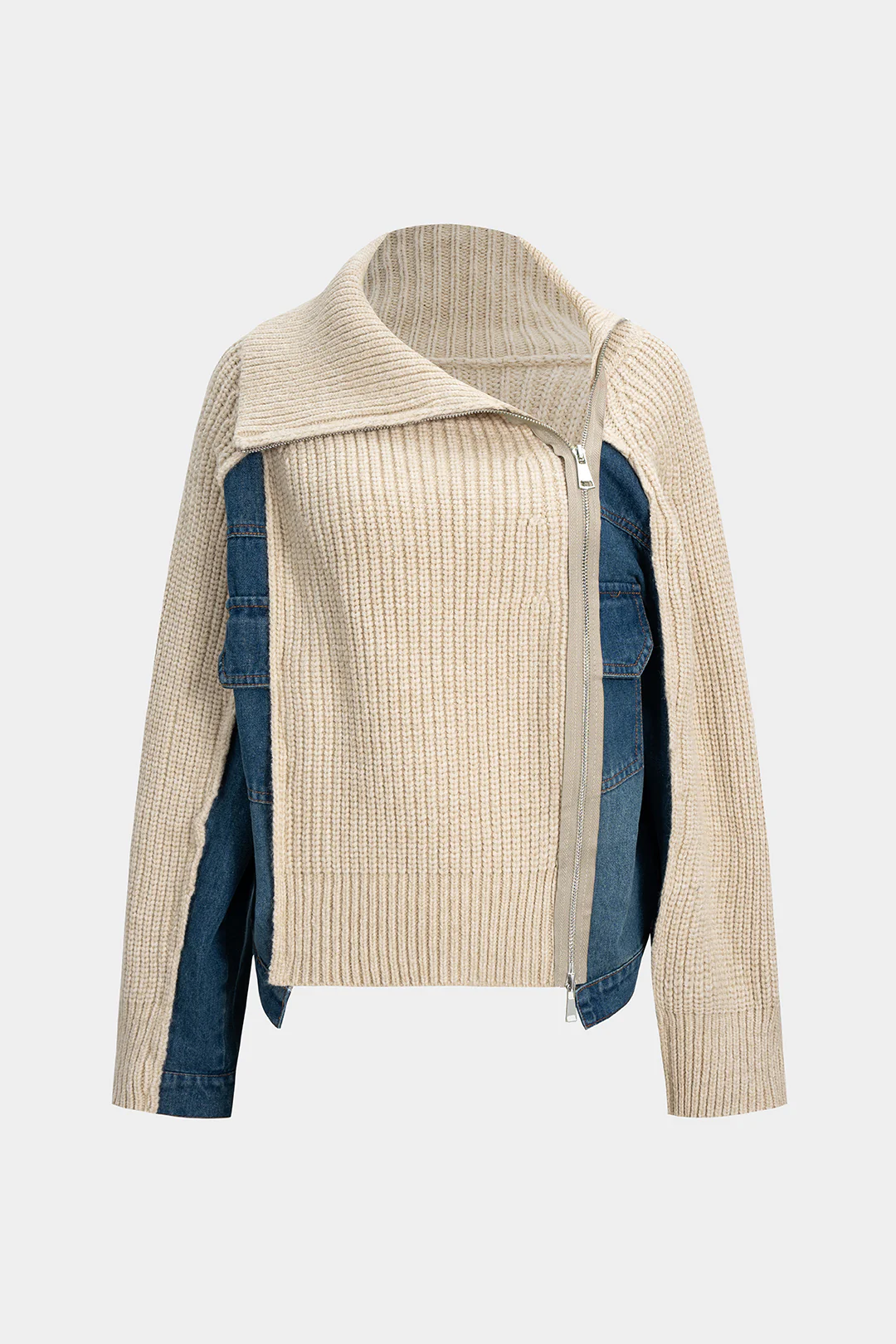 Knit Denim Patchwork Asymmetric Zipper Cardigan - Flockneti