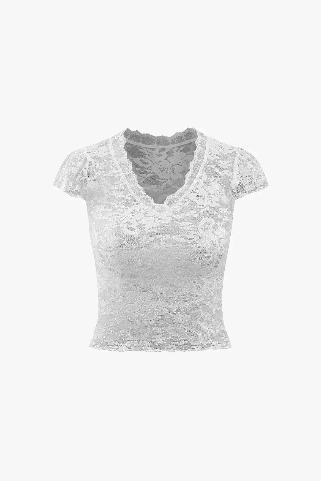 Lace V-Neck Short Sleeve T-Shirt - Flockneti