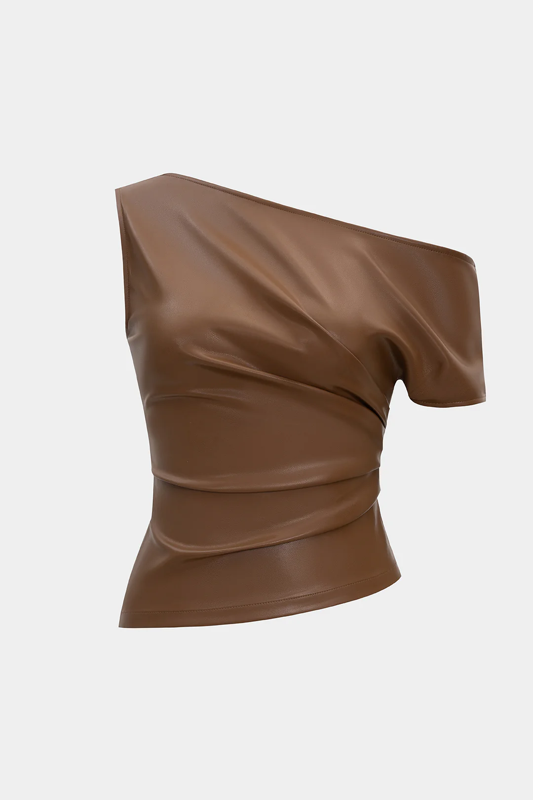 Faux Leather Asymmetrical Shoulder Ruched T-Shirt - Flockneti