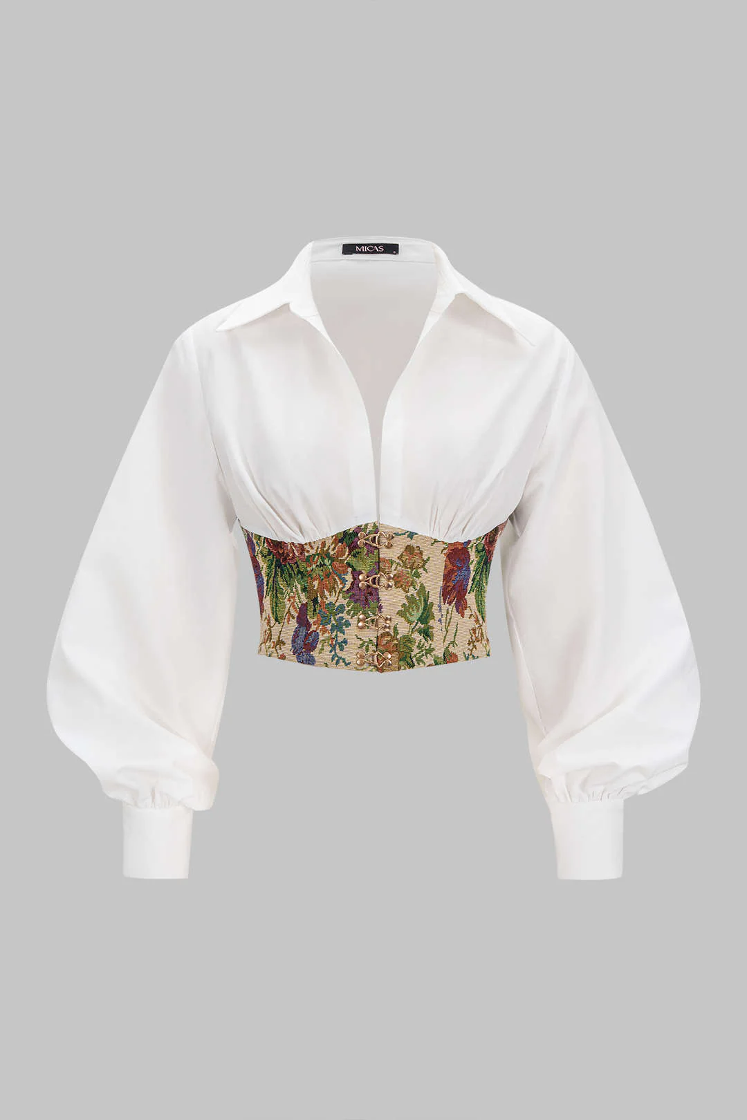 Floral Print Jacquard Ruched Balloon Sleeve Top - Flockneti