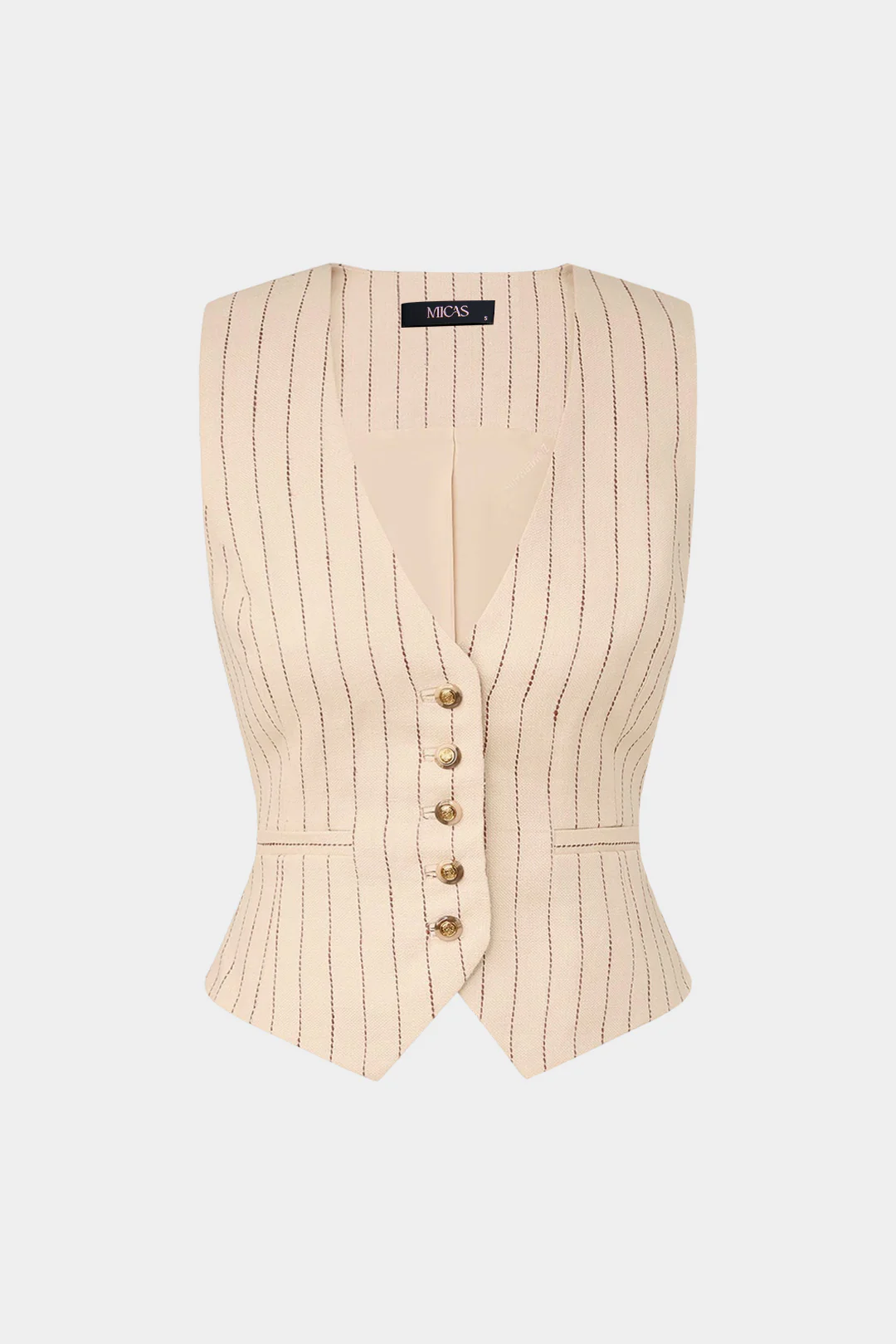 Stripes Print Linen Patchwork V-Neck Button Vest And Belted Wide Leg Pants Set - Flockneti
