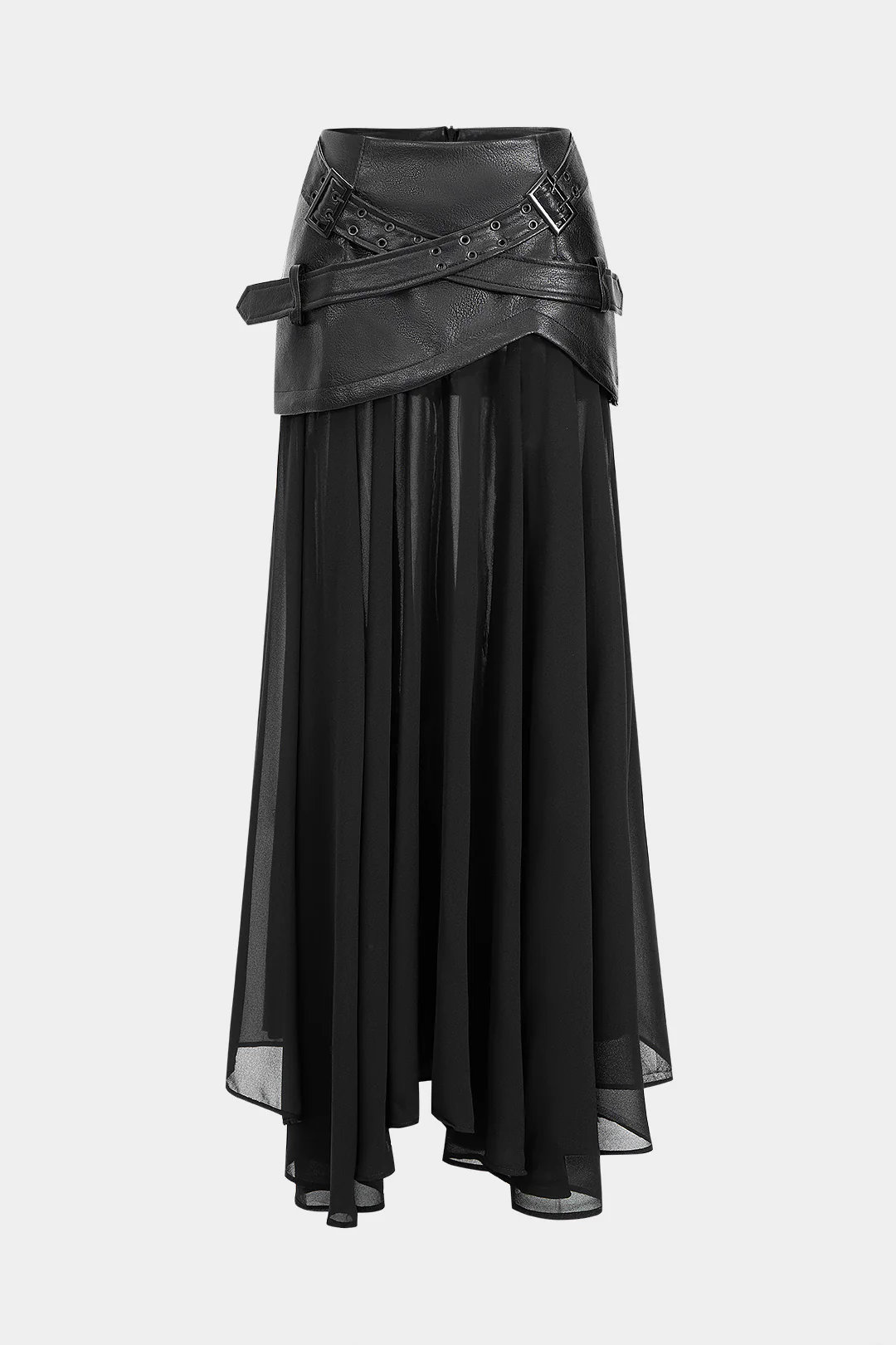 Faux Leather Patchwork Asymmetrical Midi Skirt - Flockneti