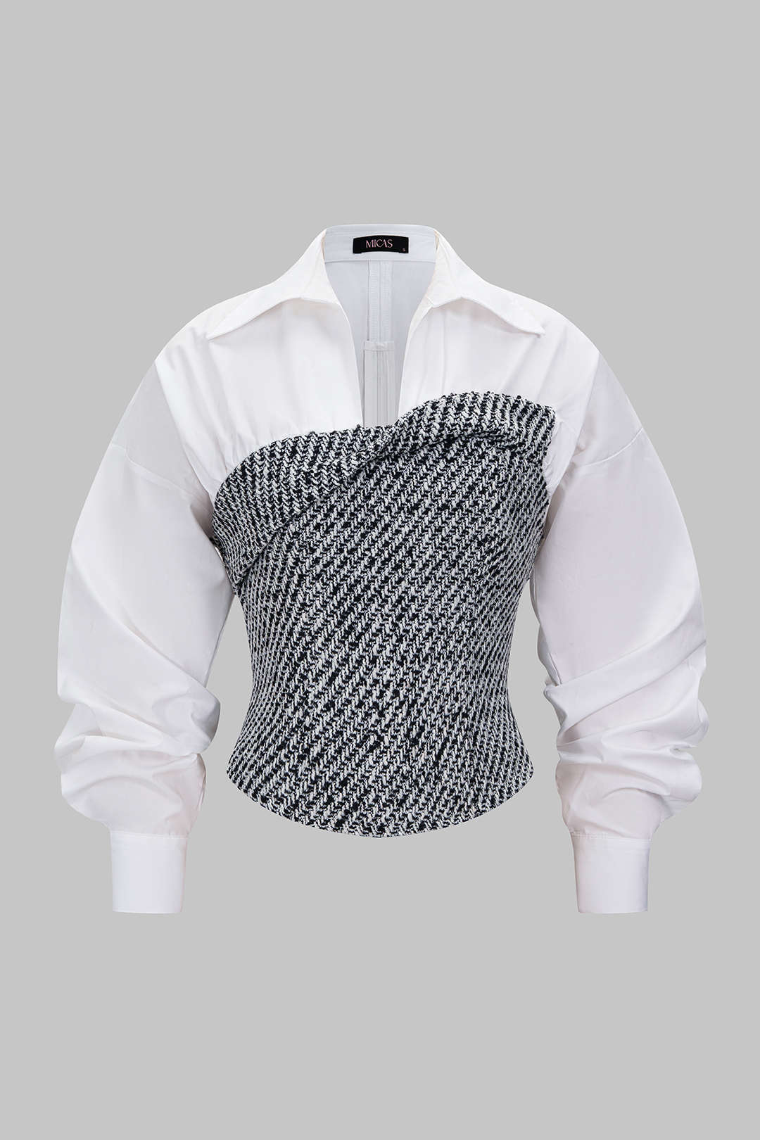Tweed Patchwork Asymmetrical Gigot Long-Sleeve Shirt - Flockneti