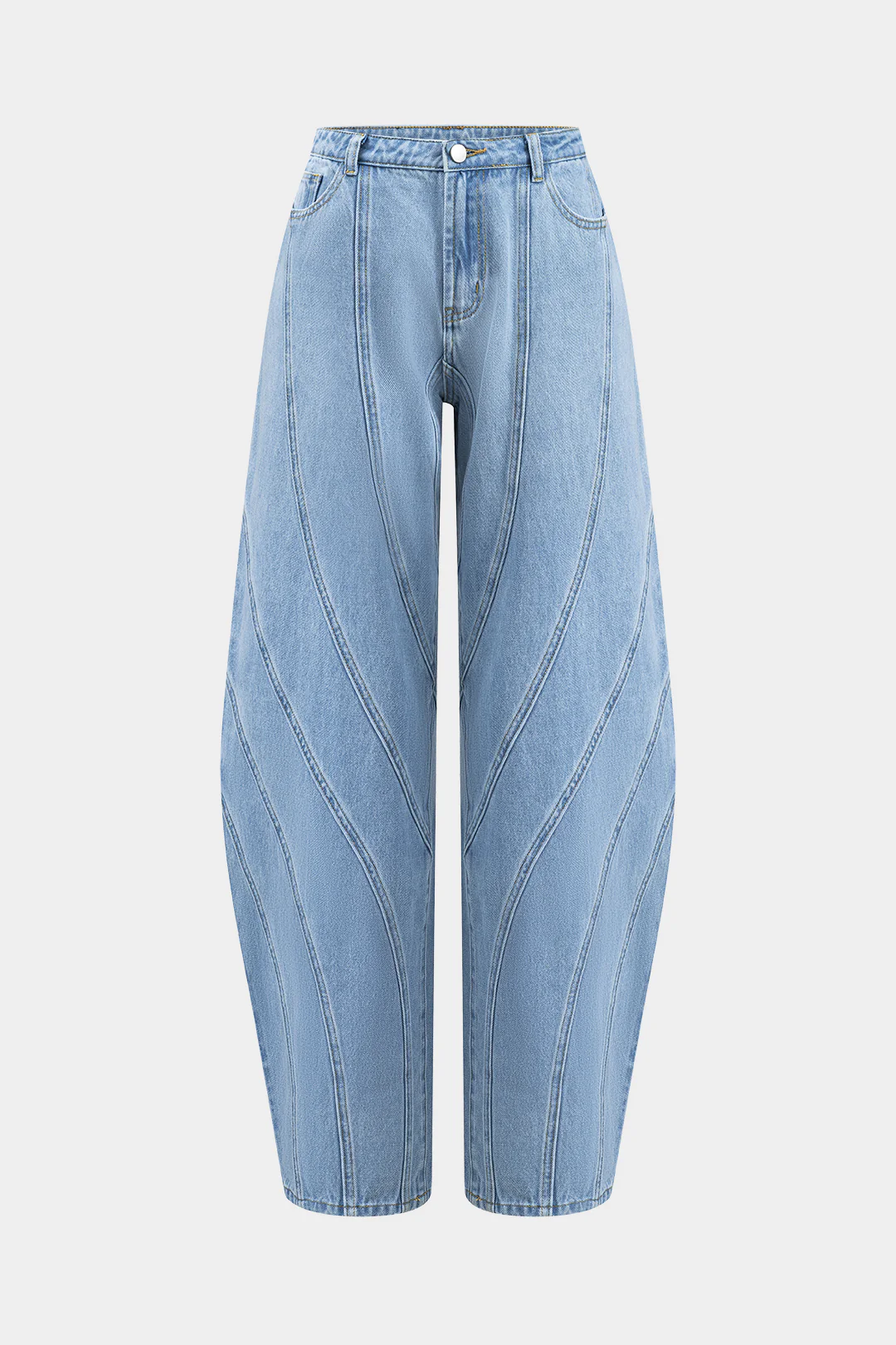 Denim Patchwork Button Pocket Wide Leg Barrel Trousers - Flockneti