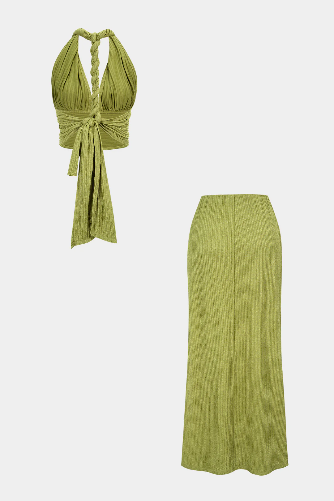 Twist Knot V-Neck Backless Sleeveless Top And Split Skirt Set - Flockneti