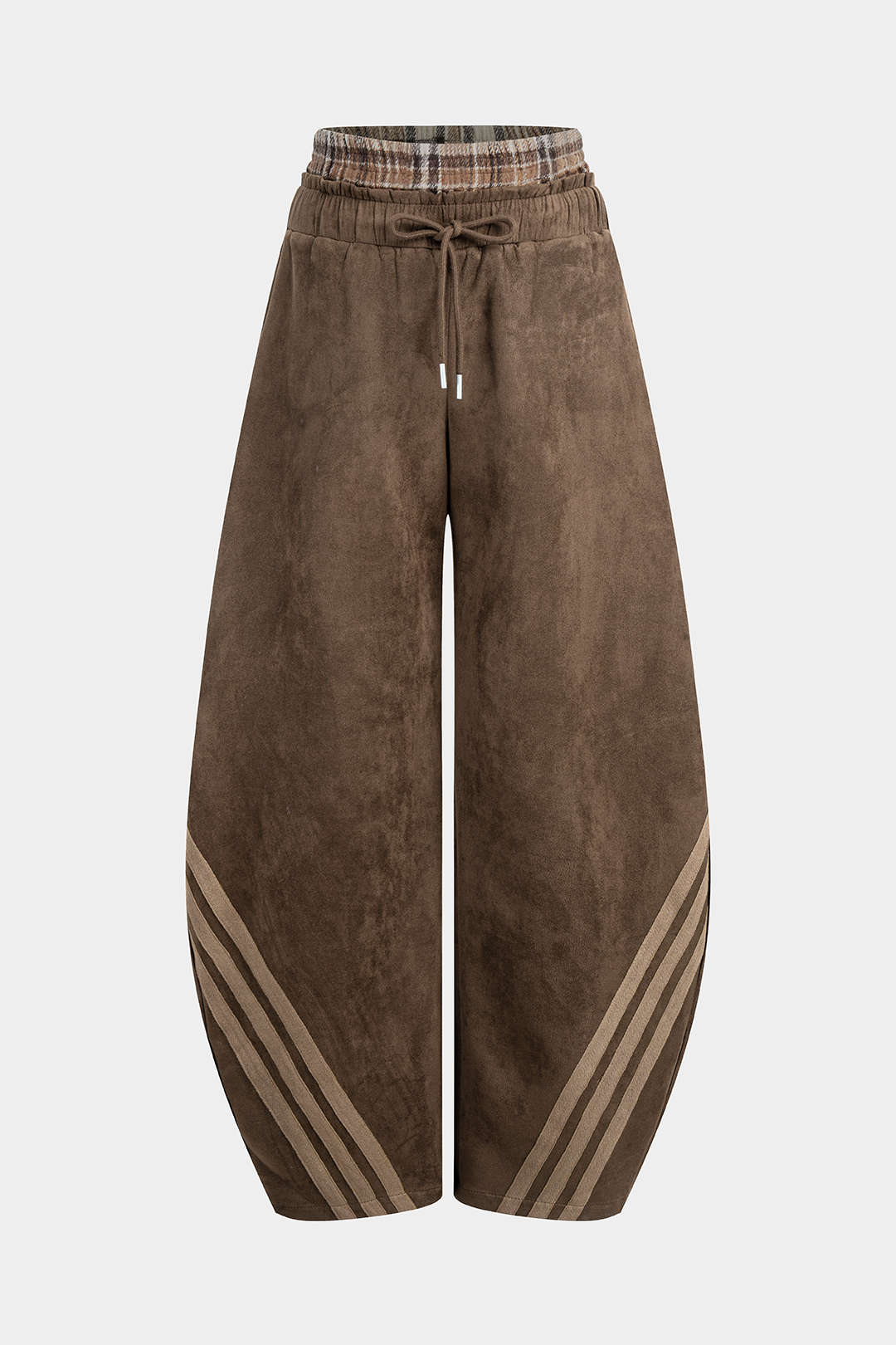 Plaid Print Suede Double Waistband Patchwork Drawstring Pants - Flockneti