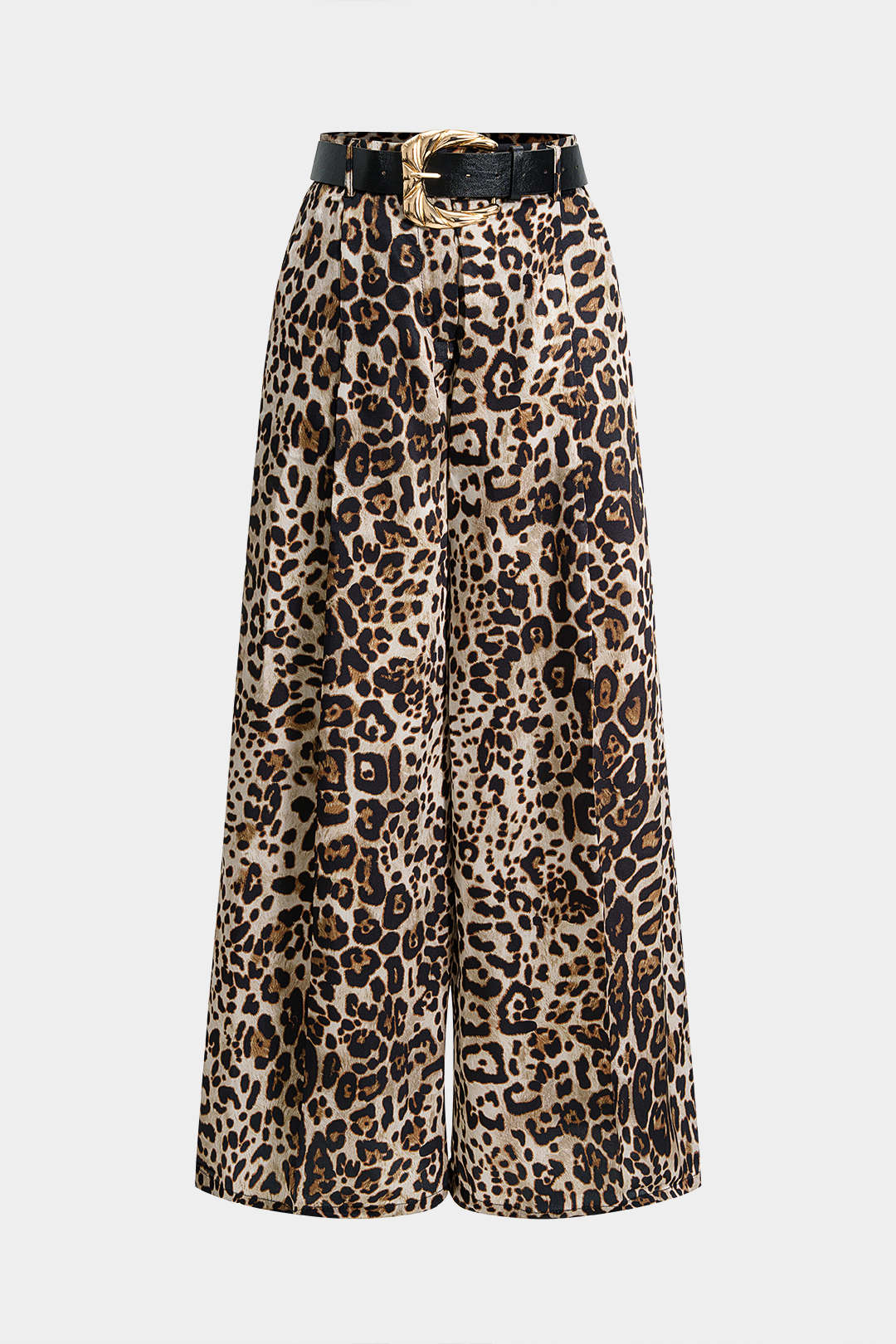 Leopard Print Belted Satin Wide Leg Pants - Flockneti