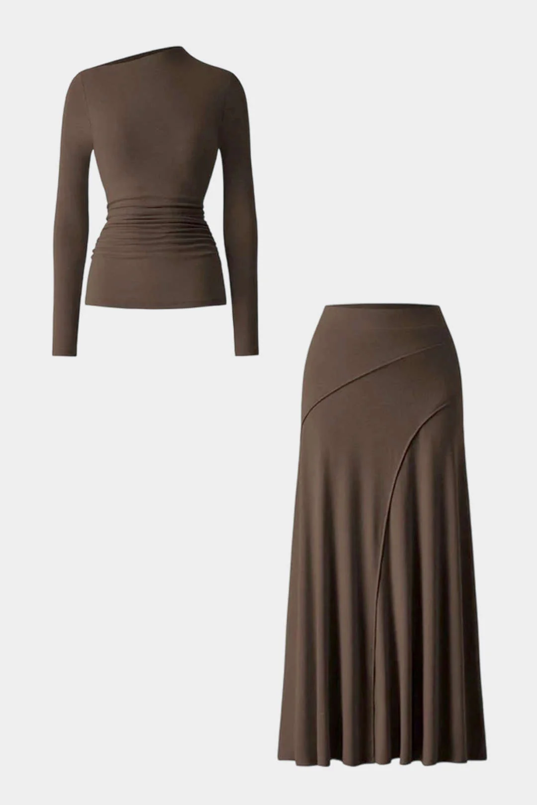 Asymmetrical Neck Long-Sleeve Top And Stitching Detail Skirt Set - Flockneti