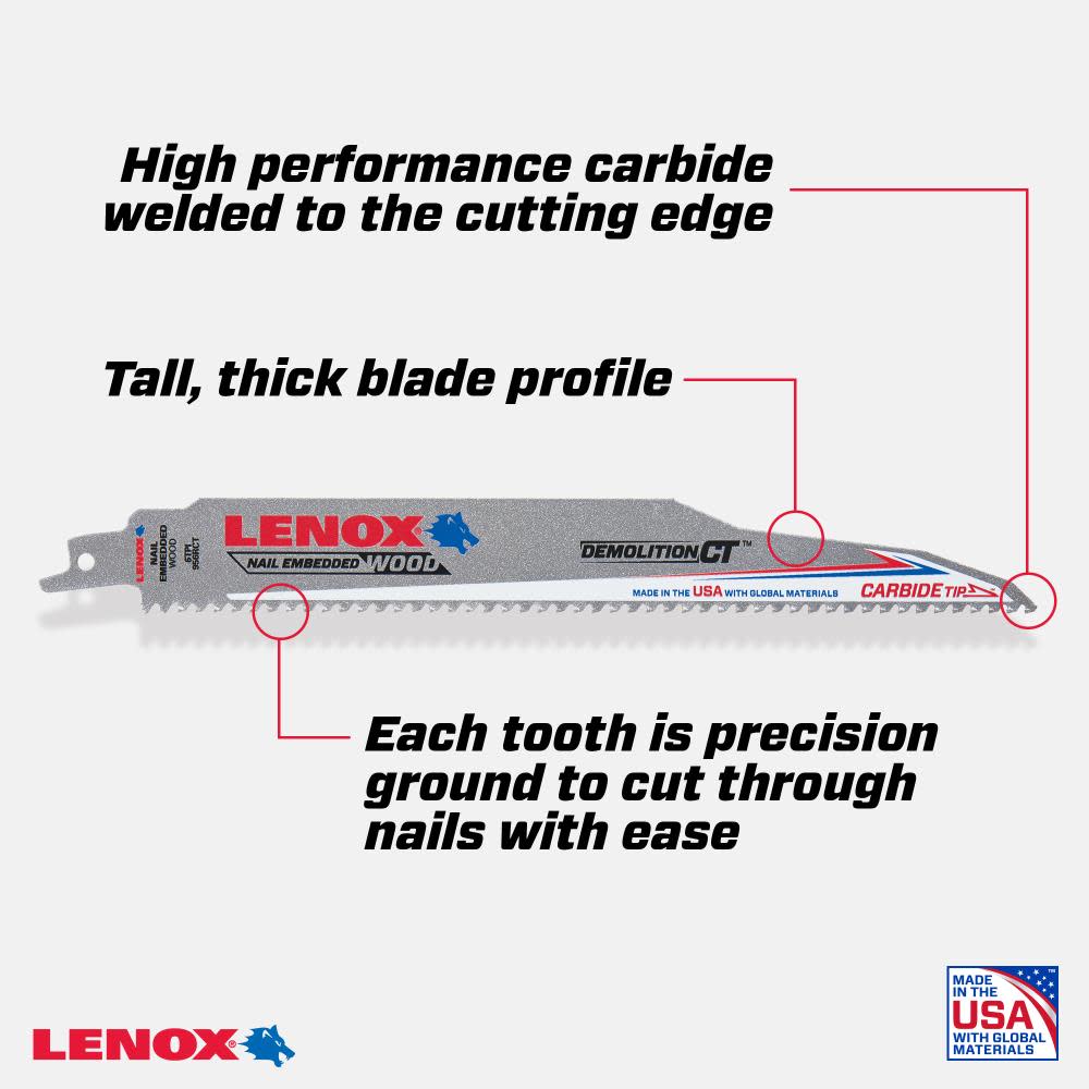 Lenox Reciprocating Saw Blades Demolition CT 9″ 6 TPI Wood/Nail Embedded Cutting 3pk - Flockneti