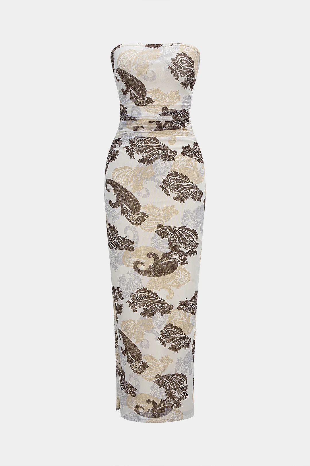 Paisley Print Mesh Ruched Strapless Sleeveless Maxi Dress - Flockneti