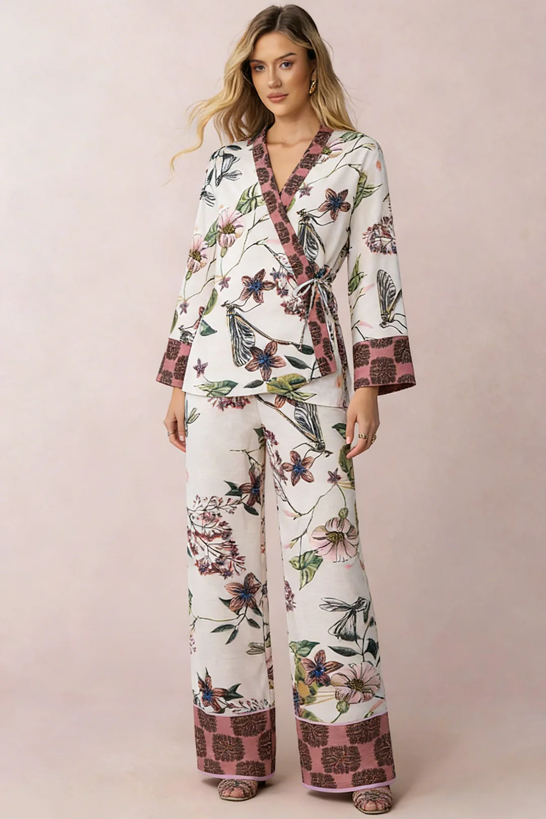 Floral Print V-Neck Tie-Up Long Sleeve Top - Flockneti