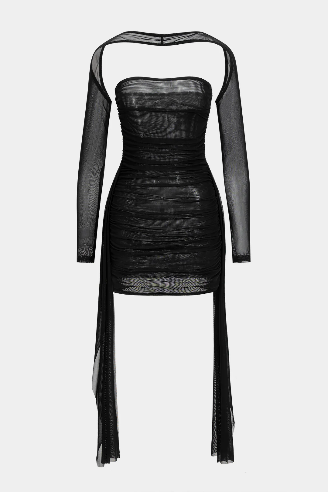 Sheer Mesh Ruched Strapless Midi Dress With Long Sleeve Overlay - Flockneti