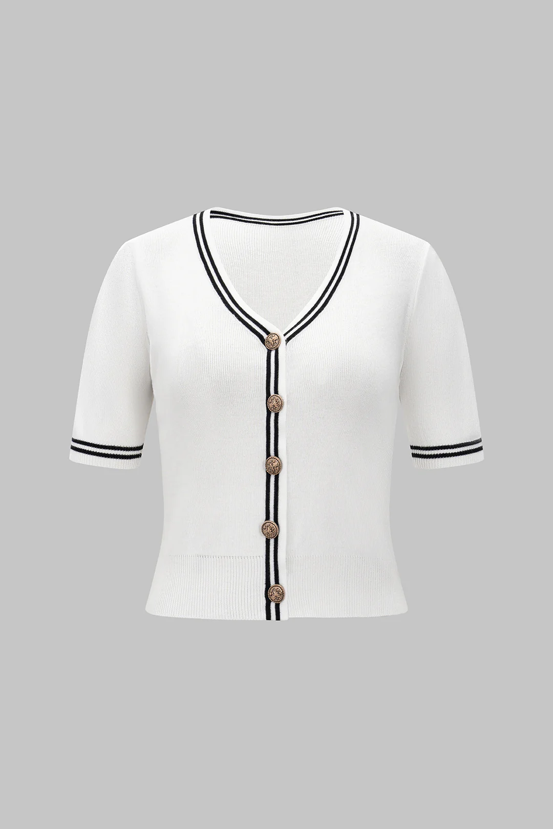 Knit V-Neck Contrast Binding Short-Sleeve Top - Flockneti