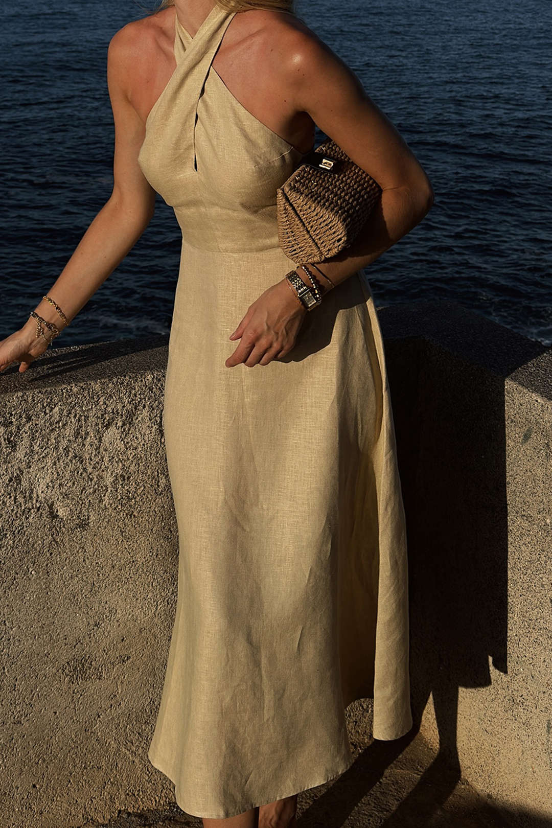 Linen Patchwork Crossed Halter Neck Ruched Sleeveless Midi Dress - Flockneti