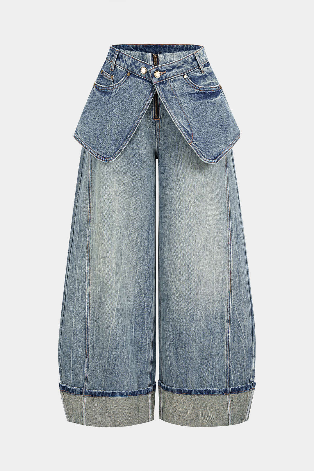 Denim Pocket Cuffed Wide Leg Jeans - Flockneti