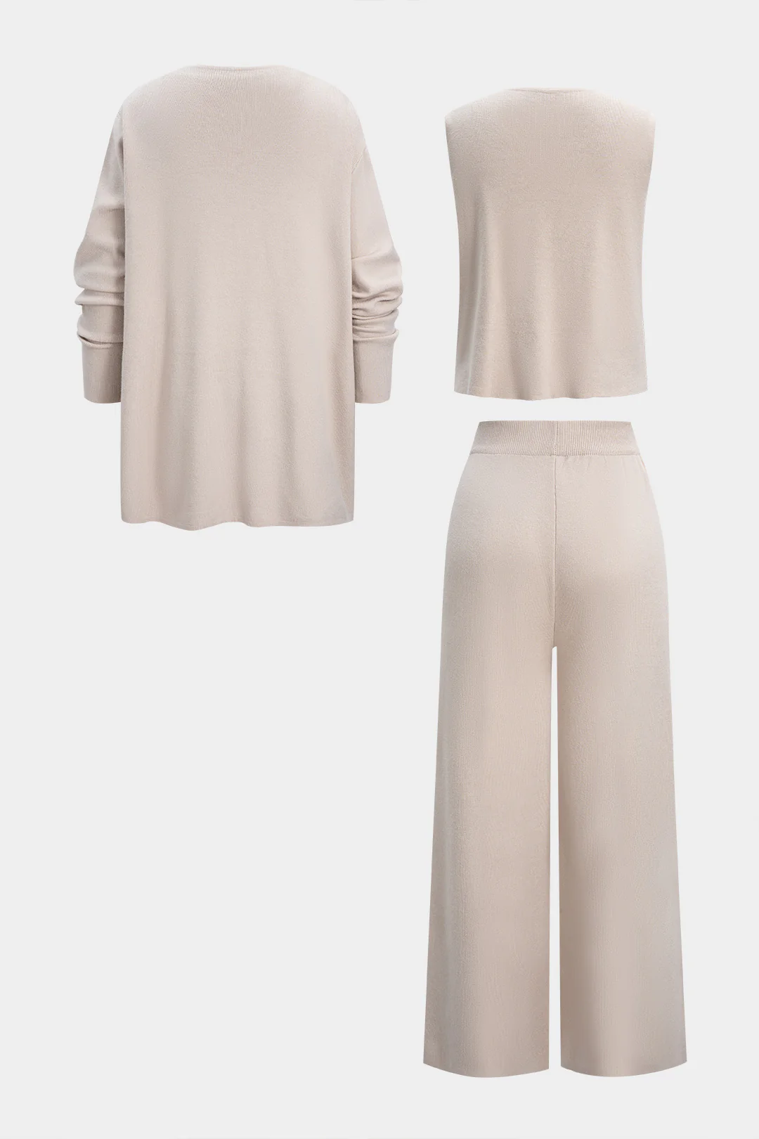 Knit Button Vest And Long Cardigan And Wide Leg Pants Set - Flockneti