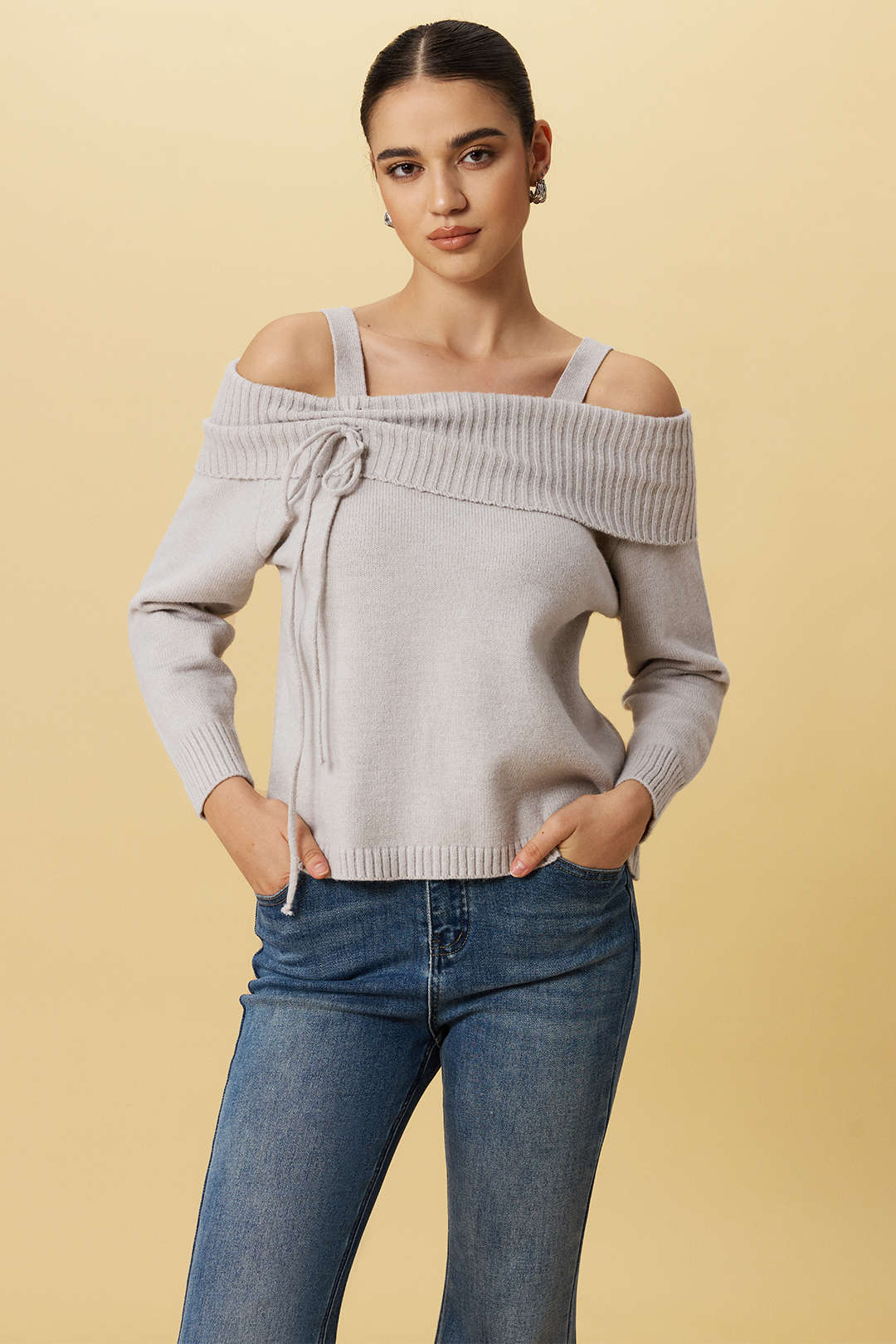 Knit Off-Shoulder Bow Long-Sleeve Top - Flockneti