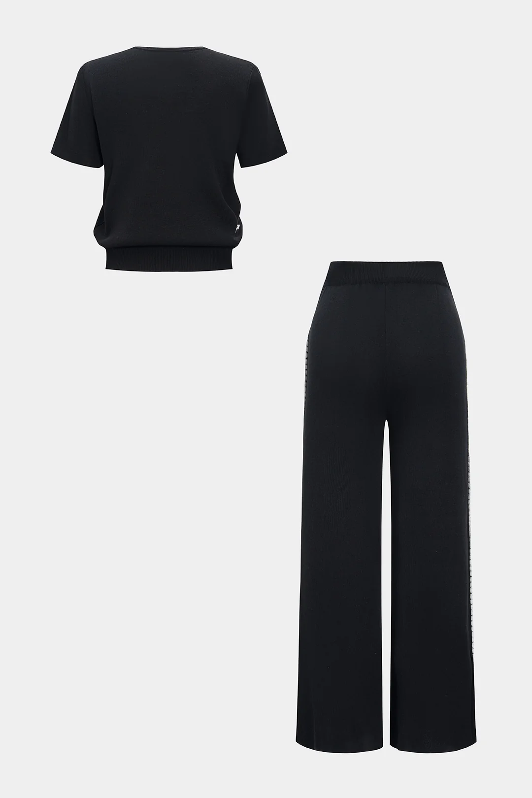 Knit Contrast Cut Out Short-Sleeve Top And Tie-Up Wide Leg Trousers Set - Flockneti