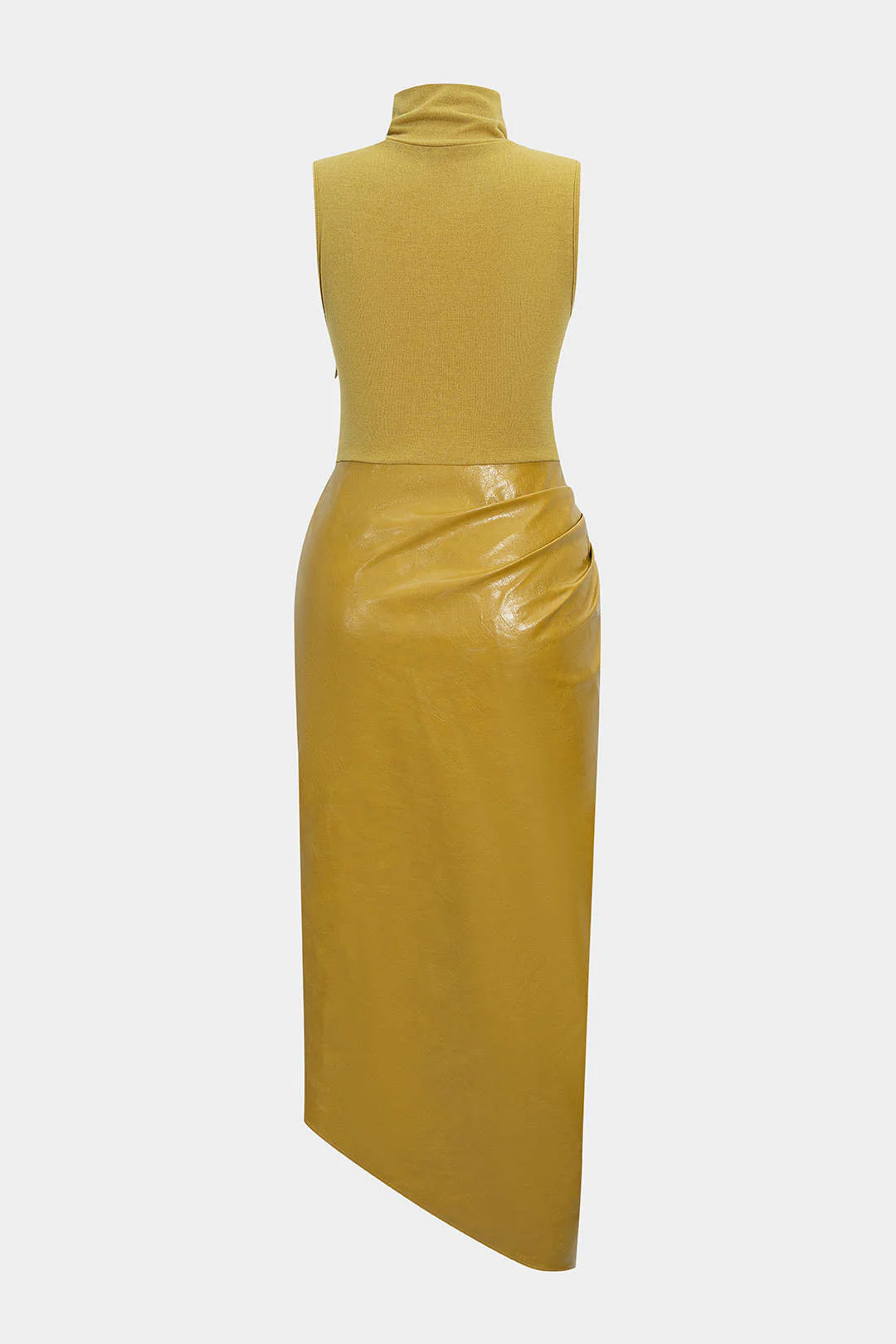 Faux Leather Patchwork High Neck Pleated Sleeveless Maxi Dress - Flockneti