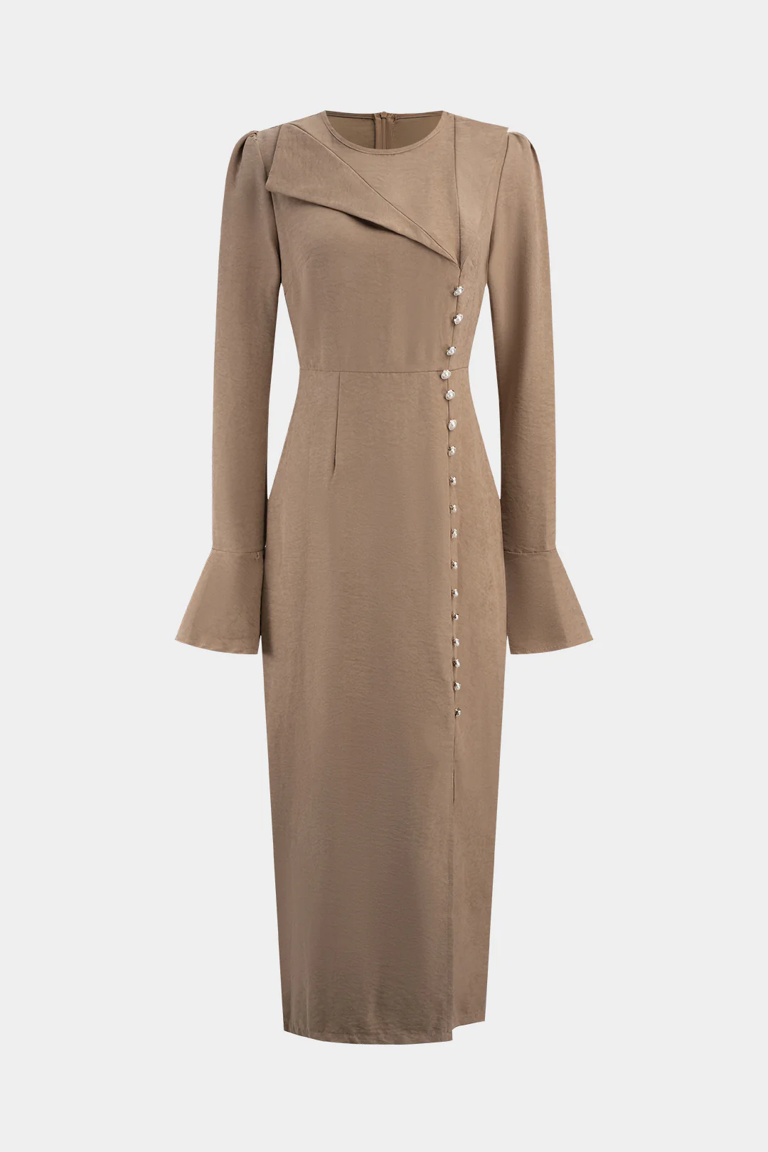 Round Neck Asymmetrical Button Long Sleeve Maxi Dress - Flockneti