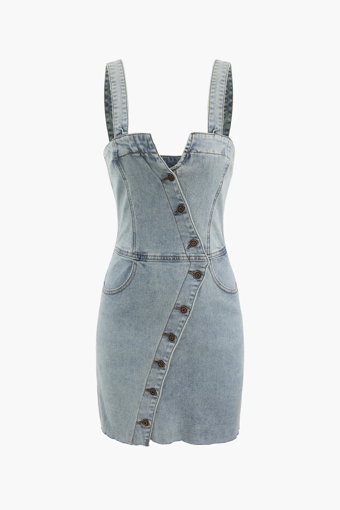 Denim Asymmetrical Button Sleeveless Dress - Flockneti