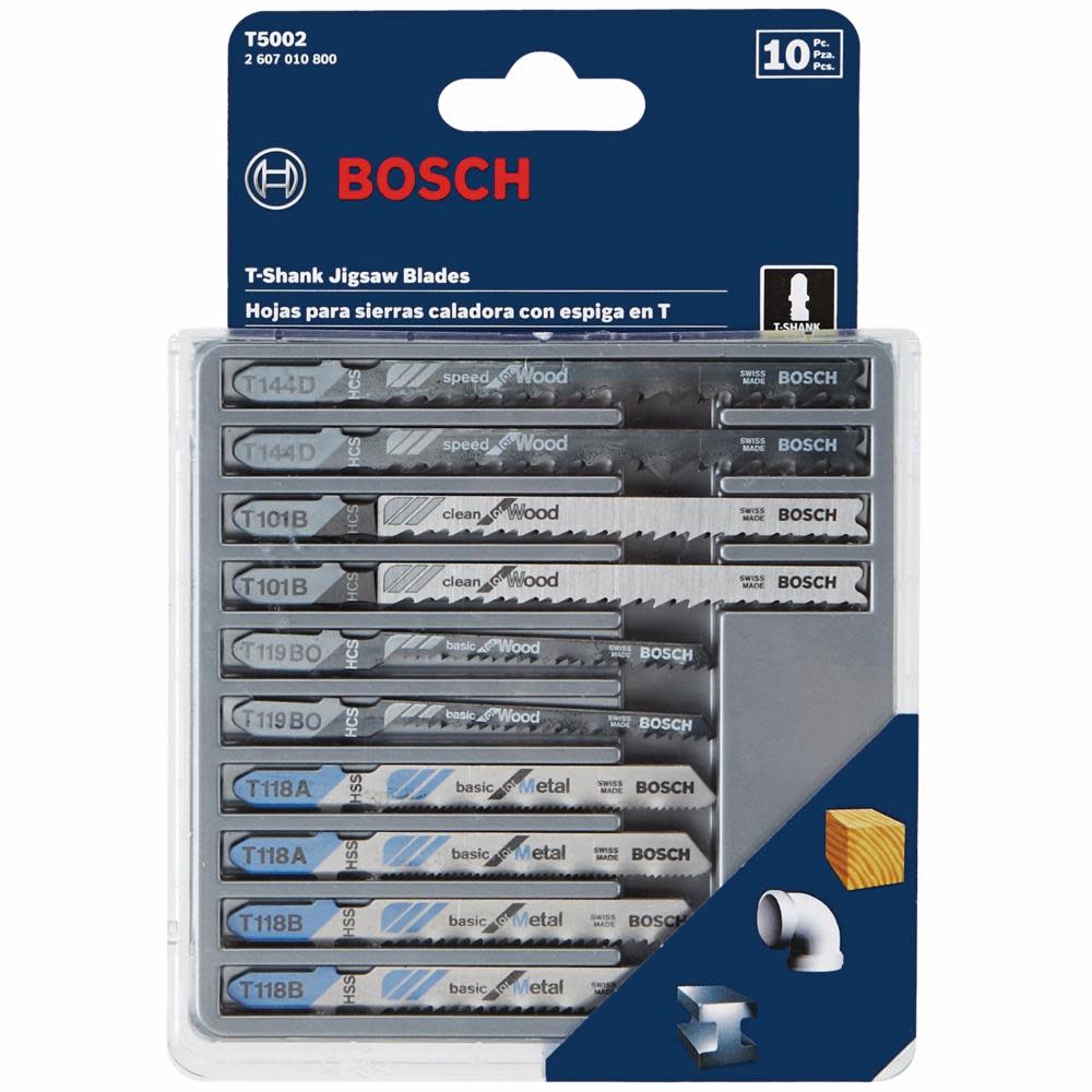 Bosch 10 pc. Wood and Metal Cutting T-Shank Jig Saw Blade Set - Flockneti