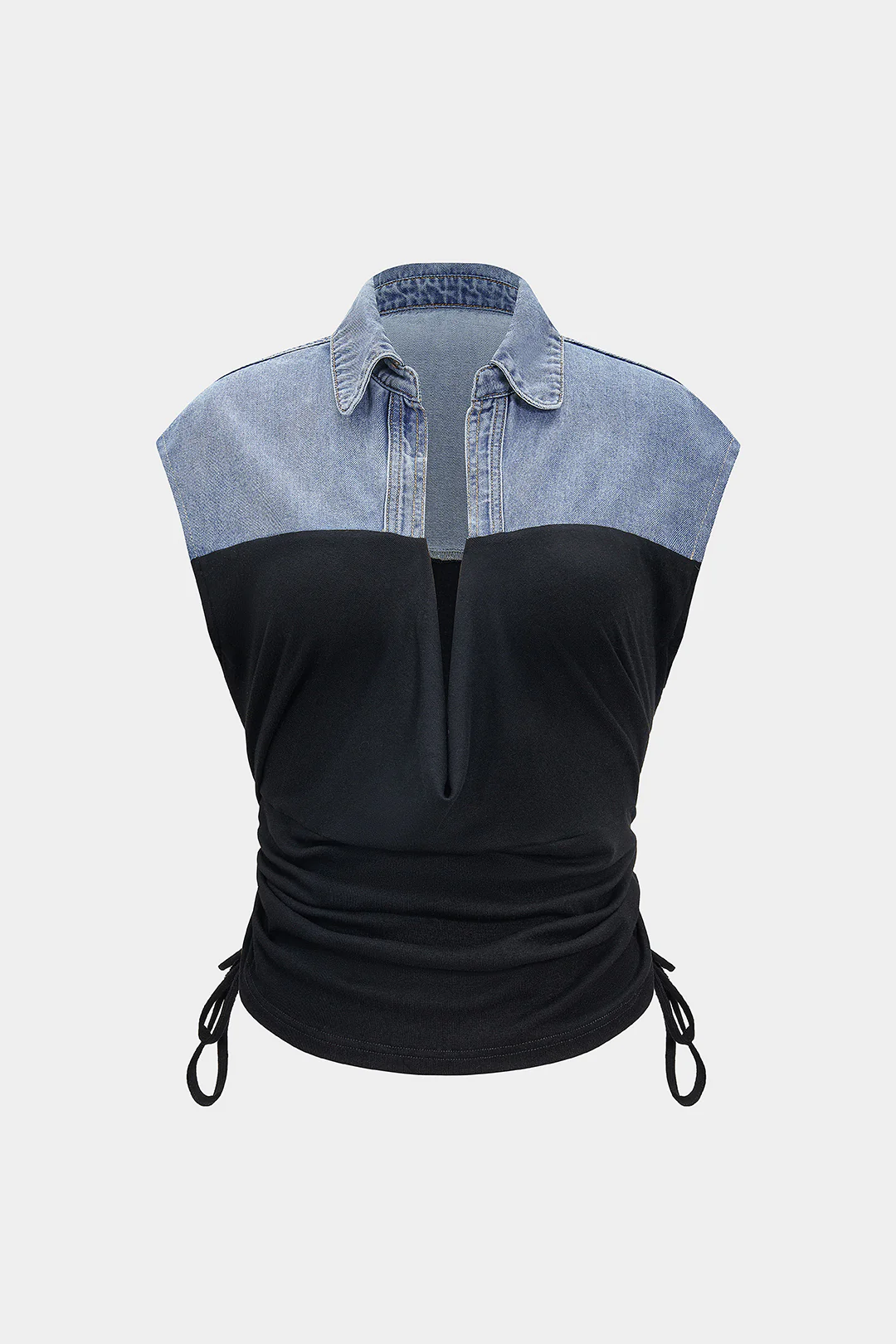 Denim Drawstring Patchwork Crop Top - Flockneti