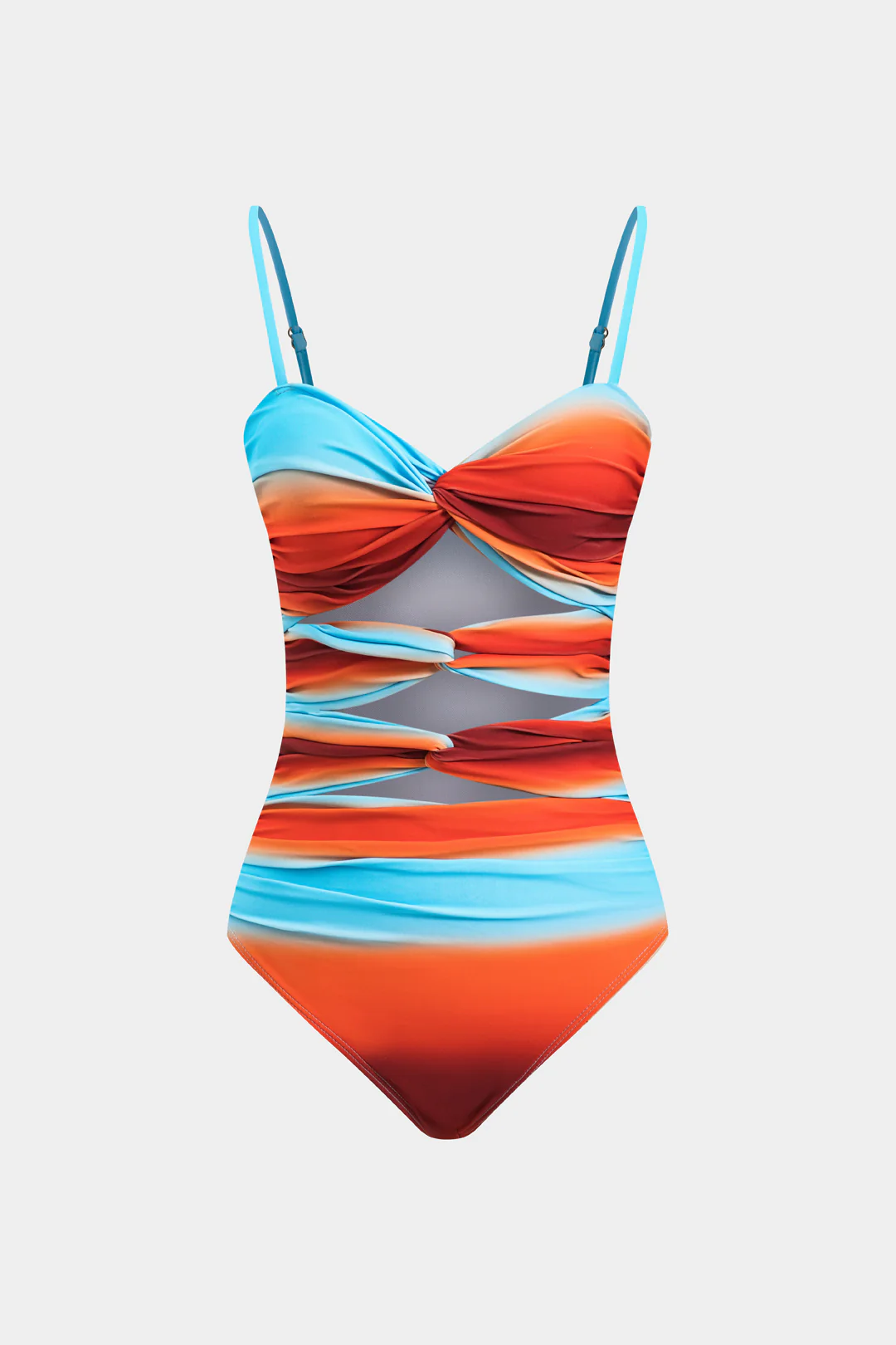 Ombre Print Cut Out Ruched Twist Knot Tummy Control One-Piece Swimsuit - Flockneti