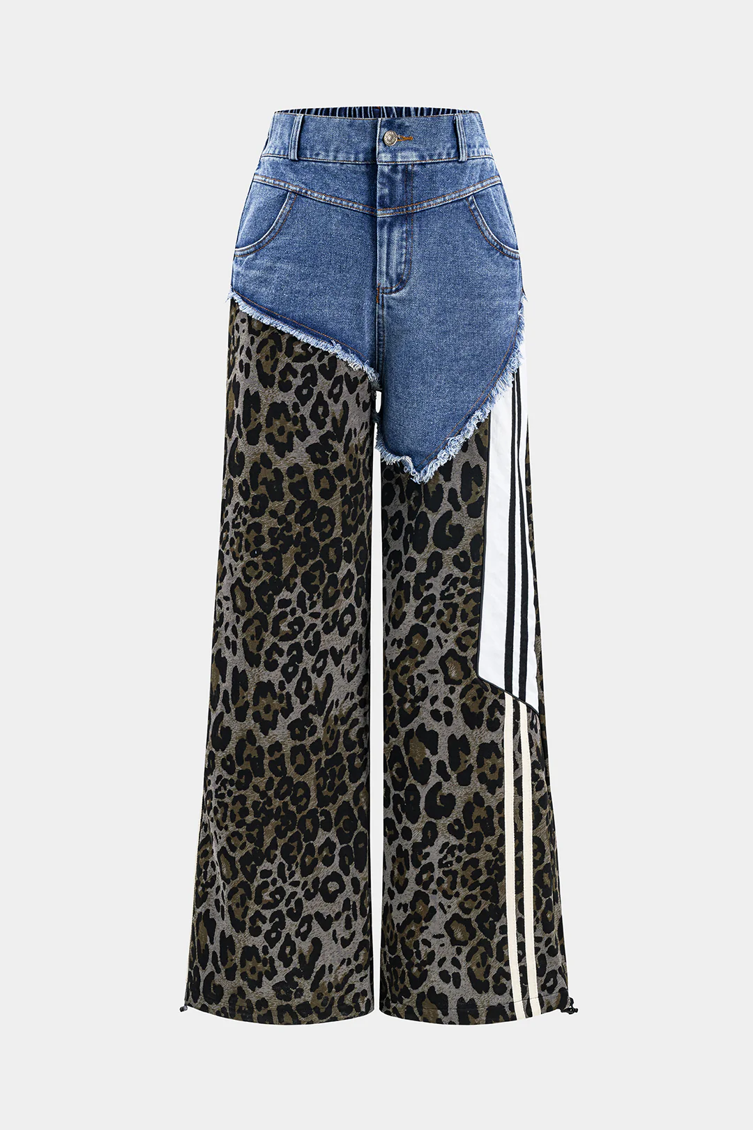 Leopard Print Denim Patchwork Button Pocket Wide Leg Jeans - Flockneti