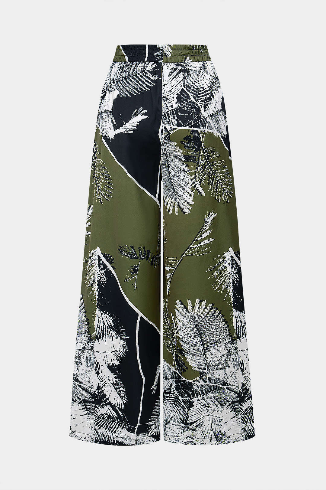 Leaves Contrast Print Satin Shirred Waistband Wide Leg Pants - Flockneti