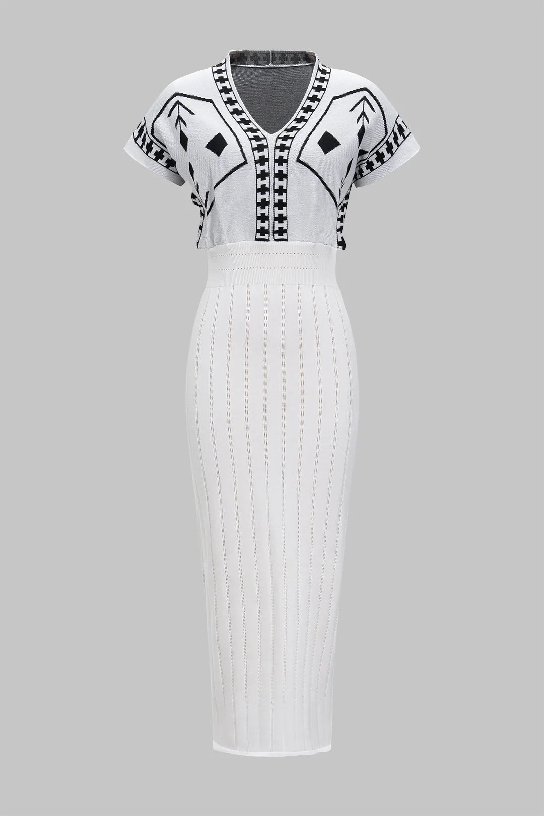 Knit Jacquard V-Neck Short-Sleeve Dress - Flockneti