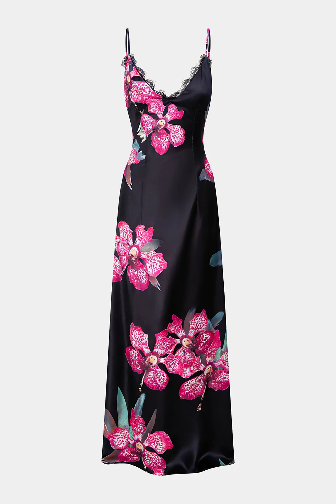 Floral Print Satin Patchwork Lce Trim V-Neck Slip Sleeveless Maxi Dress - Flockneti