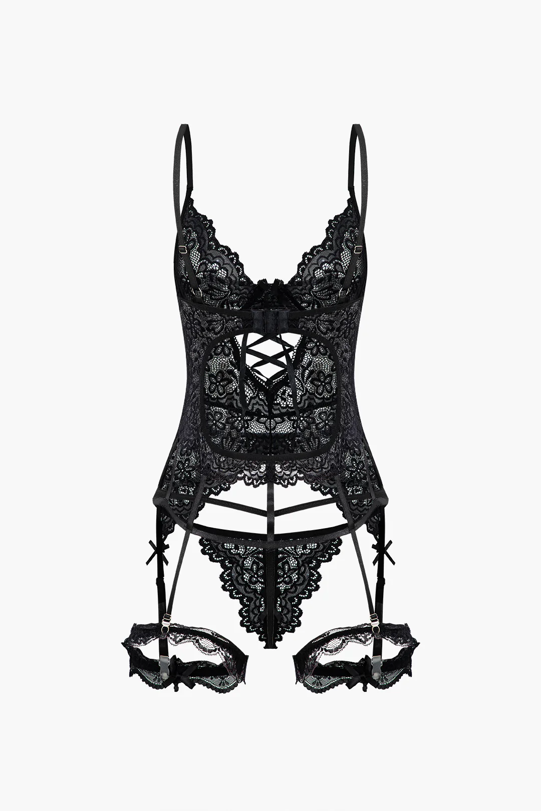 Solid Cut Out Lace Lingerie Garter Set - Flockneti